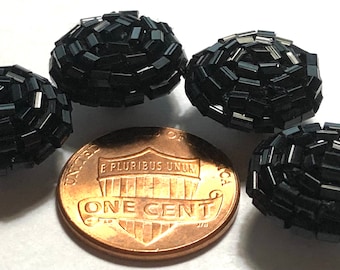 Set of 4 Vintage Domed Hand Beaded Black Shank Buttons Almost 5/8" 15mm # 11876