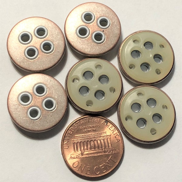 6 2-sided Copper Tone Metal Pale Muted Green Plastic 4-hole Sew-through Buttons Just Over 11/16" 18mm 11369