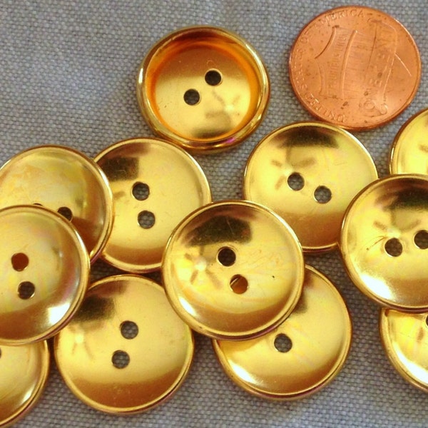 Lot of 12 Shiny Polished Gold Tone Metal Buttons Hollow Concave Just Over 3/4" 19.6mm # 7467