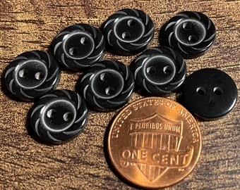 8 Small Rimmed Carved Glossy Black 2-hole Sew-through Plastic Buttons Just Over 7/16" 11.5mm 14765