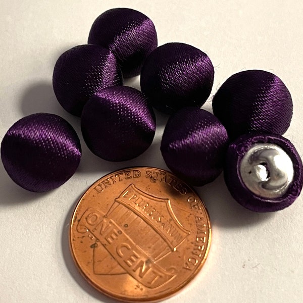 Set of 8 Small Domed Shiny Satiny Dark Purple Woven Fabric Covered Shank Buttons Metal Base 10.5mm Almost 7/16" 13219