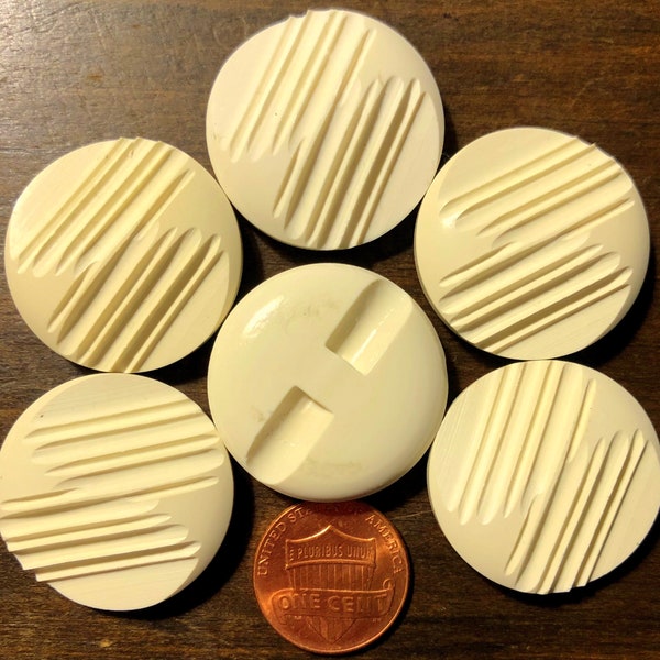 6 Vintage Retro Large Carved Look Cream Off-white Plastic Shank Buttons Just Over 1 1/16" 27.7mm # 10962