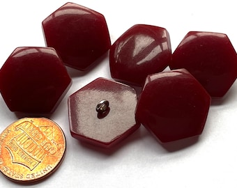 Set of 6 Vintage NOS Very Slightly Domed Hexagonal Hexagon Honeycomb Glossy Maroon Plastic Shank Buttons 21mm 13/16" 14870
