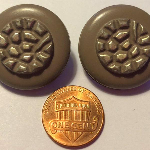 2 Vintage Retro Slightly Domed Glossy Taupe & Silver Tone Shank Plastic Buttons 27mm 1 1/16"  # 10866