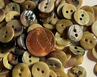 8 Small Glossy Muted Green Tan MOP Mother of Pearl Shell 2-hole Sew-through Buttons 11mm 7/16" 14377