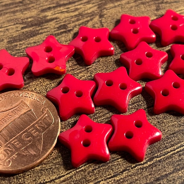 Set of 12 Glossy Red Sew-through 2-hole Star Buttons 7/16" 11mm 14236