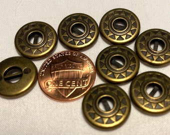 Lot of 8 Antique Brass Tone Metal Sew-through Buttons Just Over 9/16" 15mm 12616