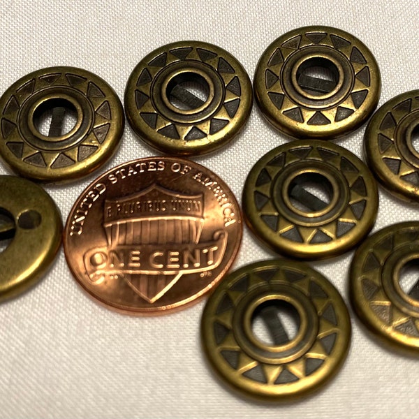 Lot of 8 Antique Brass Tone Metal Sew-through Buttons Just Over 9/16" 15mm 12616