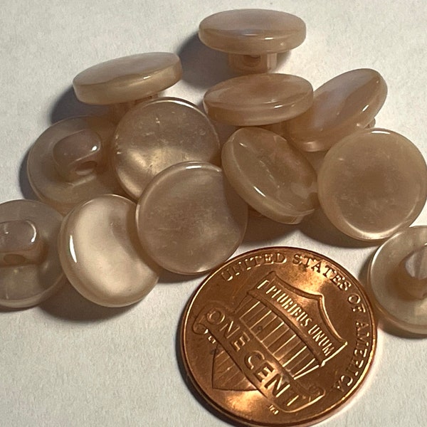 12 Small Vintage Flat Top Pearlized Beige Plastic Shank Buttons 7/16" 11mm 13396