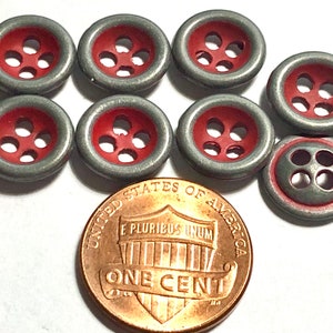 Set of 8 Small Rimmed Concave Gray Tone Metal Matte Dull Red Painted Center 4-hole Sew-through Buttons 11mm 7/16" 11765