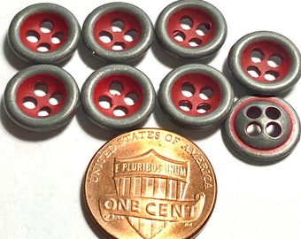 Set of 8 Small Rimmed Concave Gray Tone Metal Matte Dull Red Painted Center 4-hole Sew-through Buttons 11mm 7/16" 11765