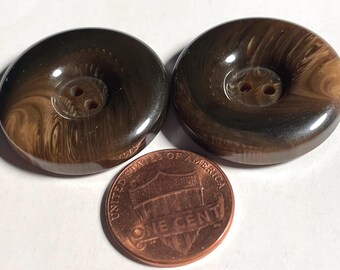 Set of 2 Vintage NOS Thick Wide Rimmed Glossy Brown Tan Swirl 2-hole Sew-through Plastic Buttons 28mm 1&1/8" 15903