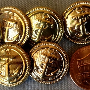 Lot of 8 Brass Tone Plastic Shank Buttons Anchor Nautical 11/16&quot; 17.4mm # 7596