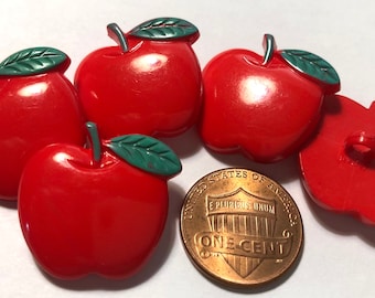 Set of 5 JHB Slightly Domed Glossy Red Green Resin Apple Fruit Shank Buttons 7/8" 22.5mm Baby Kid Novelty Buttons Made in Japan 11283