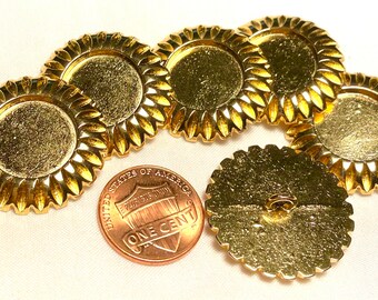 Lot of 6 Large Shiny Gold Tone Metal Shank Buttons 1-1/16" 27mm Ready for Cabochons or Other Embellishment 12611