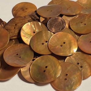May include: A pile of 20 iridescent brown shell buttons with two holes each. The buttons are approximately the size of a US penny.