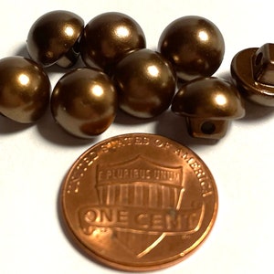 May include: A group of seven brown plastic buttons with a shiny finish. The buttons are round and have a raised dome shape. One button has a shank on the back.