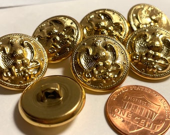 Set of 7 Vintage Polished Gold Tone Metal Hollow 2-piece Construction Shank Buttons Eagle Anchor Stars 19mm 3/4" 13041