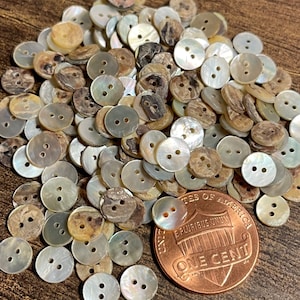 May include: A pile of small, round, two-hole buttons made of mother-of-pearl. The buttons are in various shades of white, brown, and beige. A US penny is included for scale.