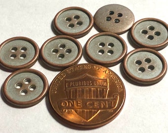 Set of 8 Small Rimmed Brushed Copper Tone Metal 4-hole Sew-through Buttons 11mm 7/16" 12290