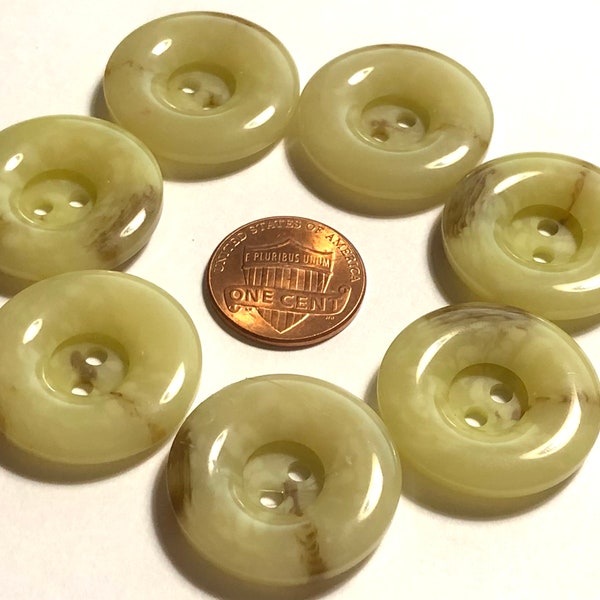 Set of 7 Vintage Large Thick Rimmed Glossy Pale Muted Green with Brown Streaks 2-hole Sew-through Plastic Buttons 25mm 1" 12011