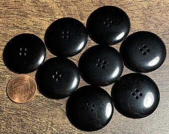 Set of 8 Vintage NOS Domed Top Glossy Black 4-hole Sew-through Plastic Buttons 27.5mm Almost 1&1/8" 15895