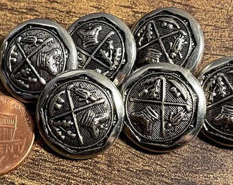 Set of 6 Vintage Domed Polished Shiny Silver Tone Metal Hollow Puffed 2-Piece Construction Shank Heraldic Buttons 19mm 3/4" 15833