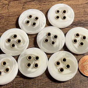 Lot of 8 Vintage Large Glossy Off-white Swirl Plastic & Brass Tone Metal 4-hole Sew-through Buttons 1&quot; 25mm 13606