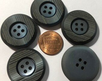 Set of 5 Vintage Large Recessed Center Carved Rim Matte Muted Dark Blue & Gray 4-hole Sew-through Plastic Coat Buttons 28.5mm 1 1/8" 11571