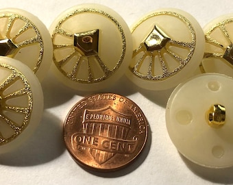 Set of 6 Slightly Domed Opaque Matte Cream & Shiny Gold Tone Plastic Shank Buttons 21mm 13/16" 11416