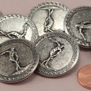 Lot of 8 Large Silver Tone Shank Metal Buttons Black Accent Hollow Disc Discus Thrower Discobolus 1 1/8&quot; 29mm (#6327)