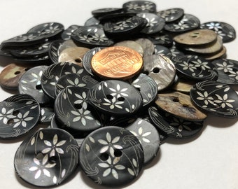 6 Pcs Only! Set of 6 Beautiful Slightly Curved Dyed Black Carved Floral Abalone Shell 2-hole Sew-through Buttons Almost 18mm 11/16" 11631