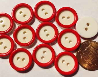 12 Rimmed Shiny Red White Sew-through Plastic Buttons 9/16" 14.6mm # 10323