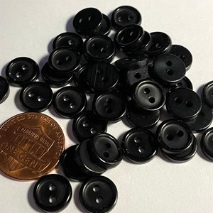 Set of 12 Small Tiny Rimmed Glossy Black 2-hole Sew-through Plastic Buttons 9.5mm 3/8&quot; 14885