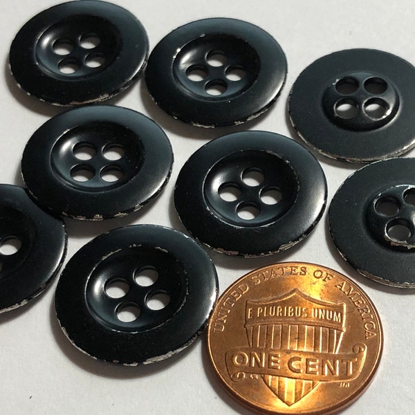 Set of 8 DISTRESSED Intentionally Aged Worn Semi-glossy Black Paint on Silver Tone Metal 4-hole Sew-through Buttons 18mm 11/16" 12214