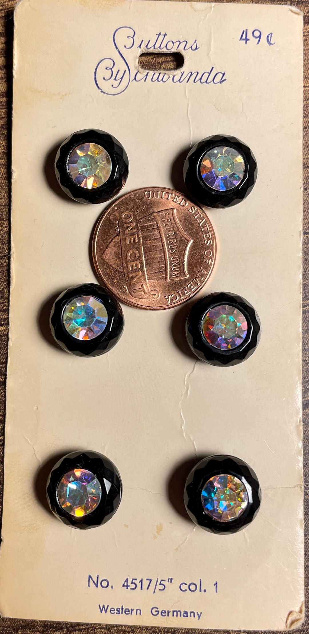 Shanda Button Set of 6 Vintage Schwanda Black Glass Rhinestone Shank Buttons 11mm 7/ ...