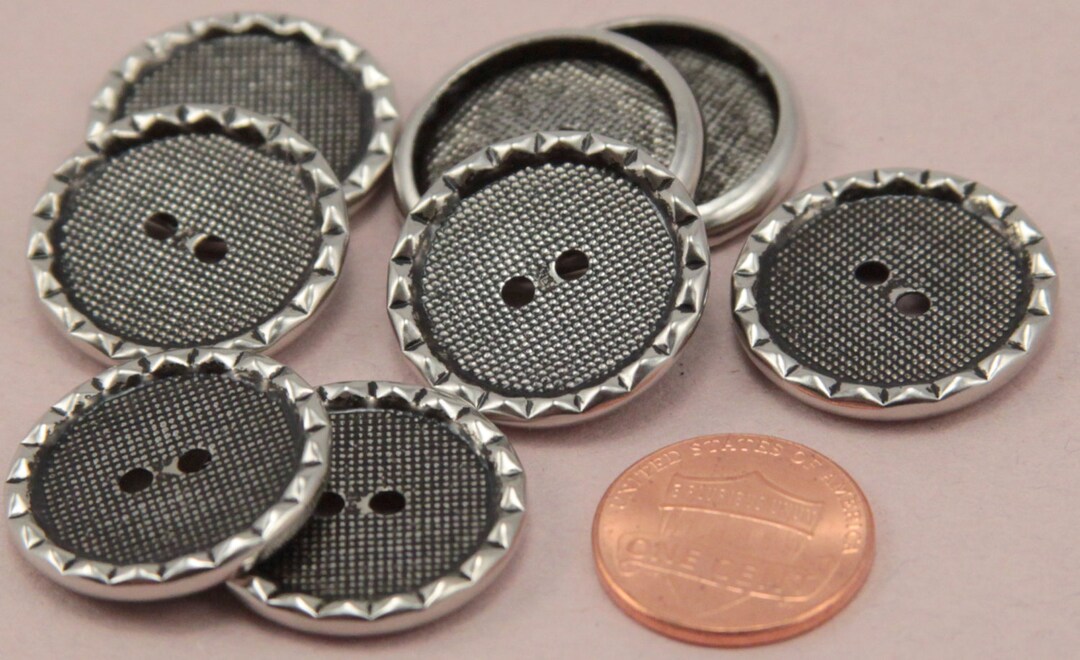 Lot of 8 Silver Tone Sew-through Metal Buttons Black Accent