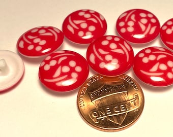 Set of 8 JHB Very Slightly Domed Glossy Red & White Plastic Shank Flower Floral Buttons 9/16" 14.6mm Novelty Kids Buttons 12639