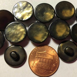 May include: Ten round, dark brown buttons with a gold iridescent sheen. The buttons are approximately the size of a US penny.