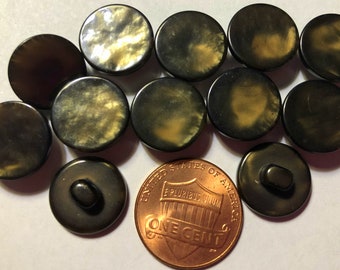 May include: Ten round, dark brown buttons with a gold iridescent sheen. The buttons are approximately the size of a US penny.