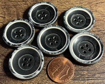 Set of 6 Vintage NOS Rimmed Concave Dark Charcoal Gray 4-hole Sew-through Plastic Buttons 1" 25.5mm 14774