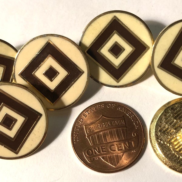 Set of 6 Vintage New Old Stock Heavy Sturdy Flat Top Glossy Brown Cream Gold Tone Metal Shank Buttons 20mm 13/16" Made in Canada # 11235