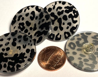 4 Vintage Large Glossy Pearlized Semi-translucent Flat Top Black Animal Leopard Print Plastic Shank Buttons 31mm Just Over 1 3/16" 12668