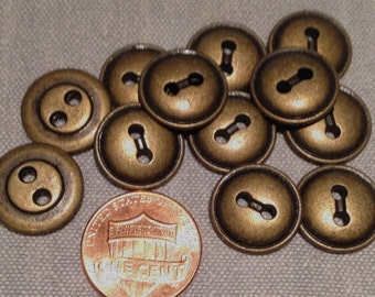 12 Heavy Antiqued Brass Tone Metal Sew-through Buttons 9/16" 15mm # 7695