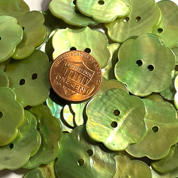 Set of 6 Beautiful Iridescent Dyed Lime Green Flower Shaped Abalone Shell Natural MOP 2-hole Sew-thru Buttons 23mm 7/8" 14368