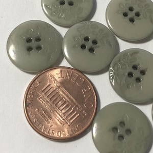 6 Vintage Glossy Muted Green 4-hole Sew-through Corozo Tagua Nut Buttons Carved Flower Floral Design 15mm Just Over 9/16&quot; 11375