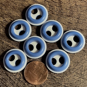 Set of 7 Vintage NOS Blue & White Plastic 2-hole Sew-through Buttons 18.5mm Almost 3/4&quot; 15775