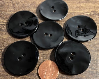 Set of 6 Beautiful Large Glossy Curved Light Weight Onyx Black Plastic 2-hole Sew-through Buttons 34mm 1 5/16" 12876