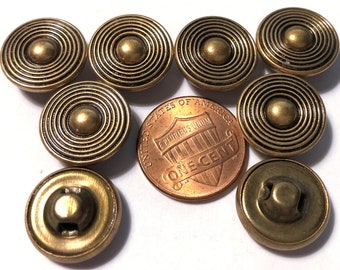Juego de 8 botones vintage nuevos de latón antiguo, huecos, con vástago metálico y centro abovedado. Construcción de 2 piezas. 15,2 mm (aproximadamente 5/8"). 11267