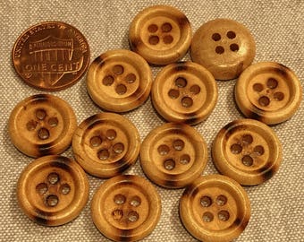 Lot of 12 Pyrographed Burnt Wood Wooden Sew-through 4-hole Buttons 5/8" 16mm # 8124